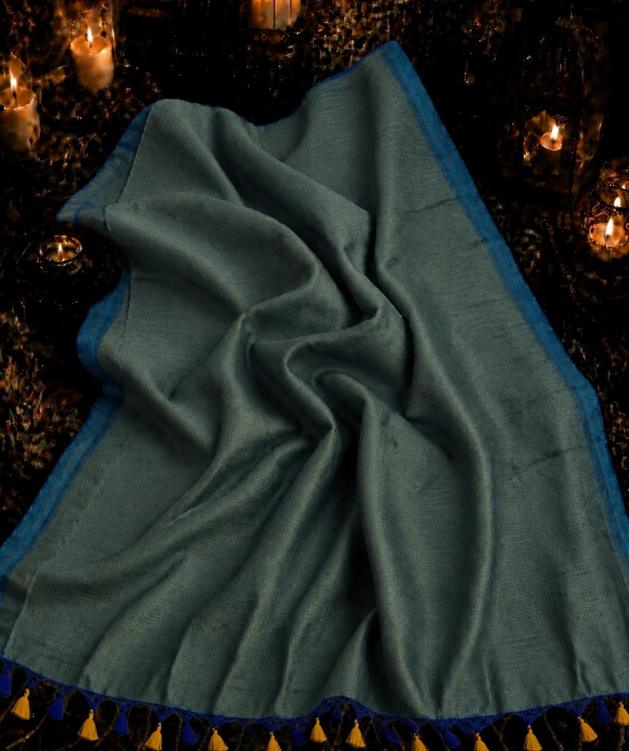 Teal Blue Cotton Khadi Saree with Woven Texture & Contrast Blue Border