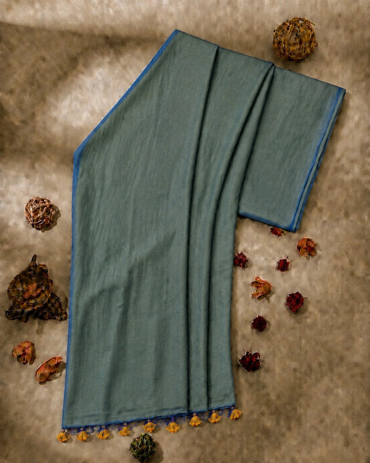 Teal Blue Cotton Khadi Saree with Woven Texture & Contrast Blue Border