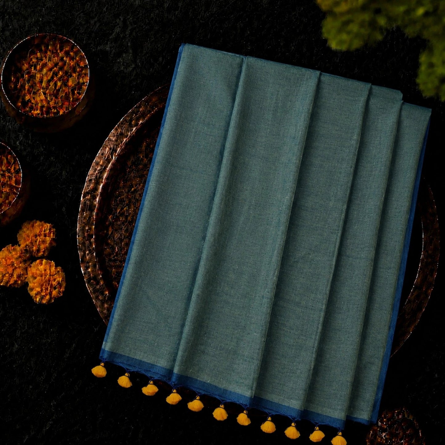 Teal Blue Cotton Khadi Saree with Woven Texture & Contrast Blue Border