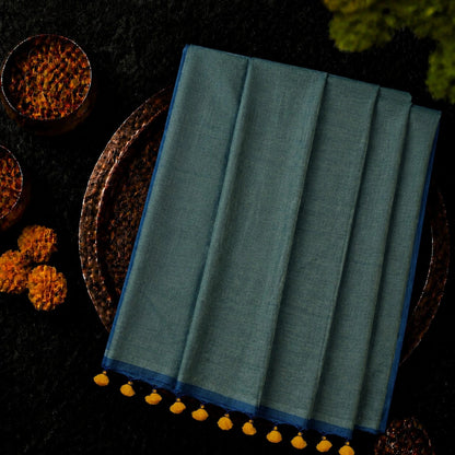 Teal Blue Cotton Khadi Saree with Woven Texture & Contrast Blue Border