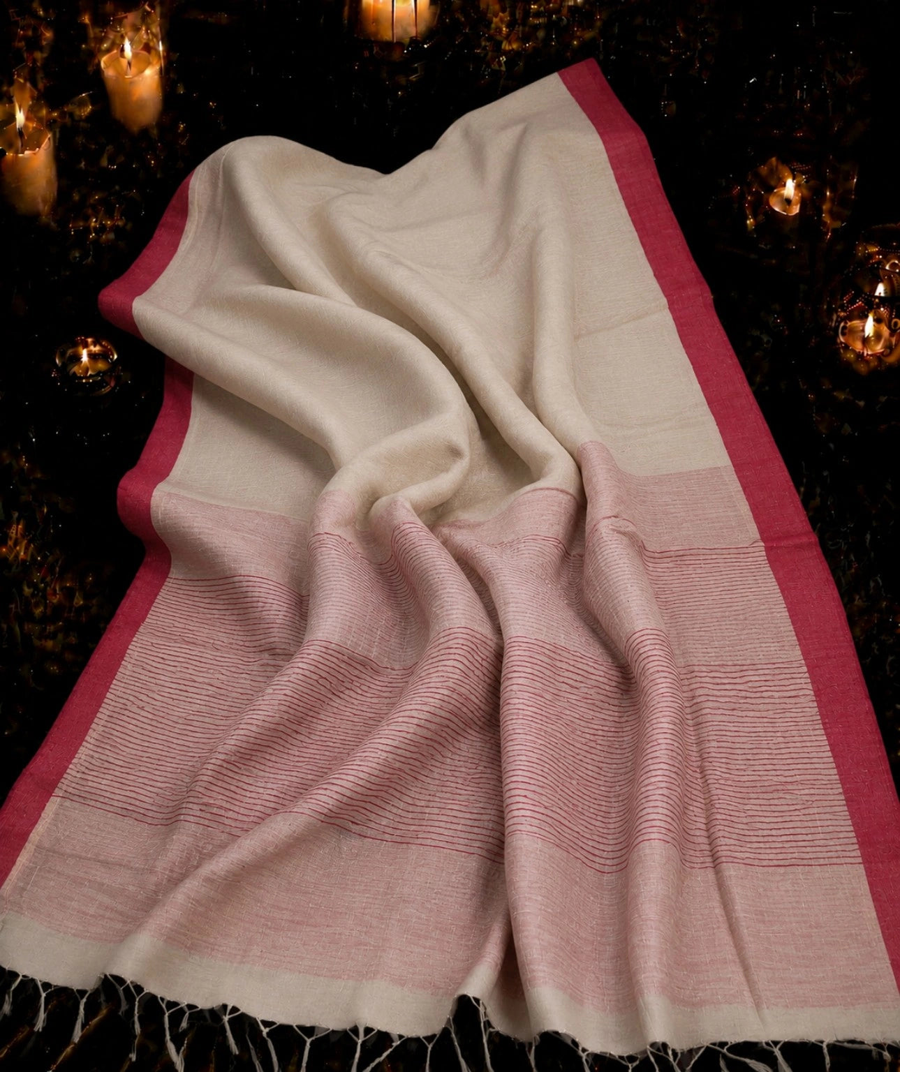 Off White Cotton Handloom Saree with Pink Woven Border and Striped Pallu