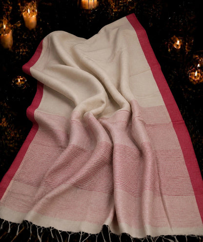 Off White Cotton Handloom Saree with Pink Woven Border and Striped Pallu