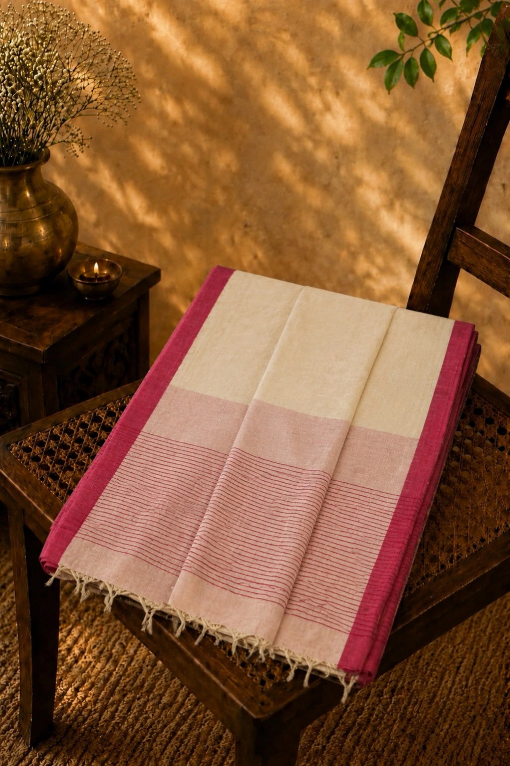 Off White Cotton Handloom Saree with Pink Woven Border and Striped Pallu