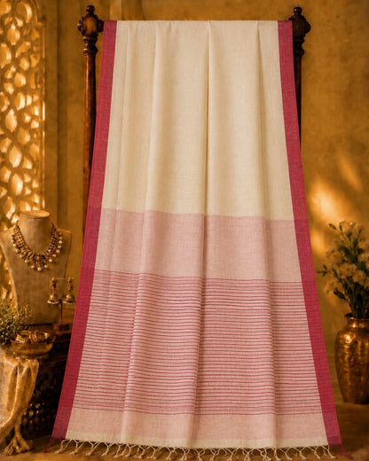 Off White Cotton Handloom Saree with Pink Woven Border and Striped Pallu