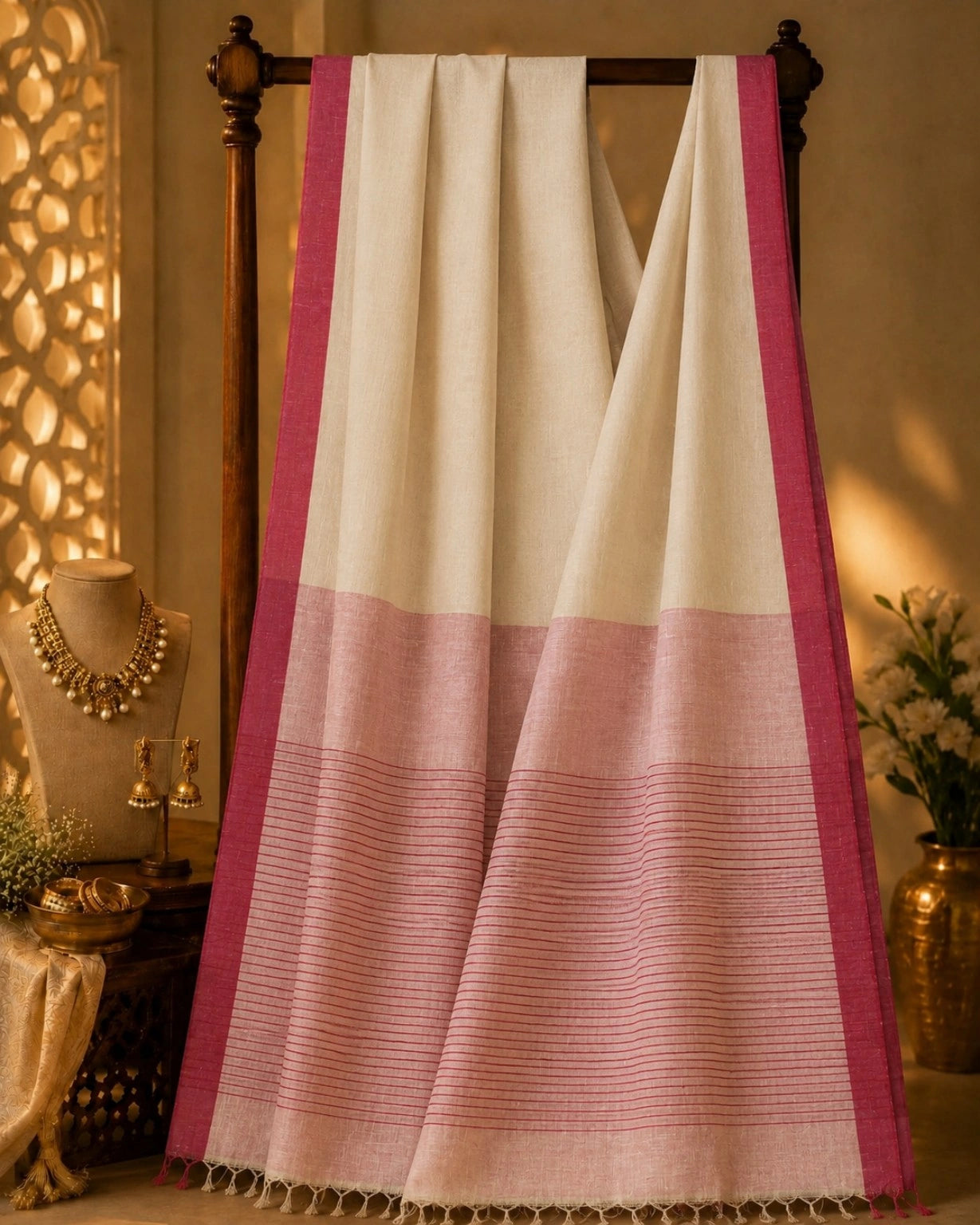 Off White Cotton Handloom Saree with Pink Woven Border and Striped Pallu
