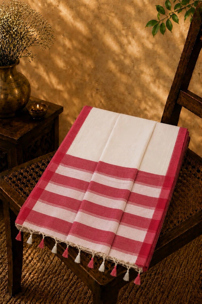 WEVOW Red & White Handloom Style Cotton Saree with Striped Pallu and Tassel Border