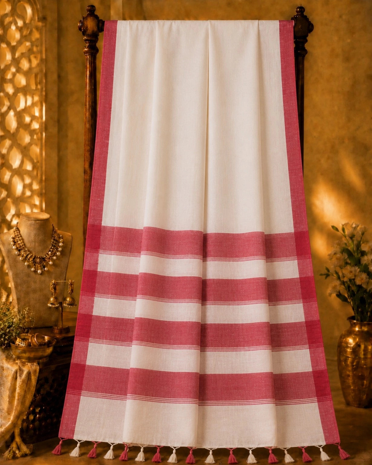 WEVOW Red & White Handloom Style Cotton Saree with Striped Pallu and Tassel Border