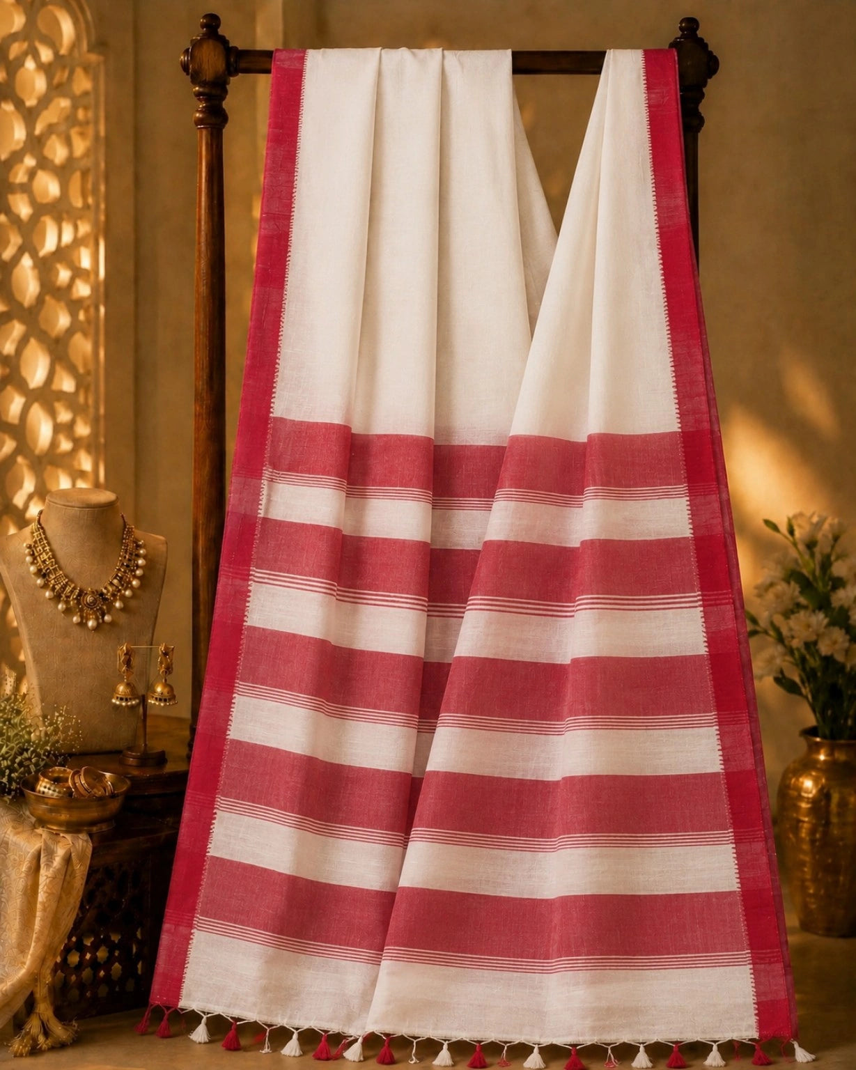 WEVOW Red & White Handloom Style Cotton Saree with Striped Pallu and Tassel Border