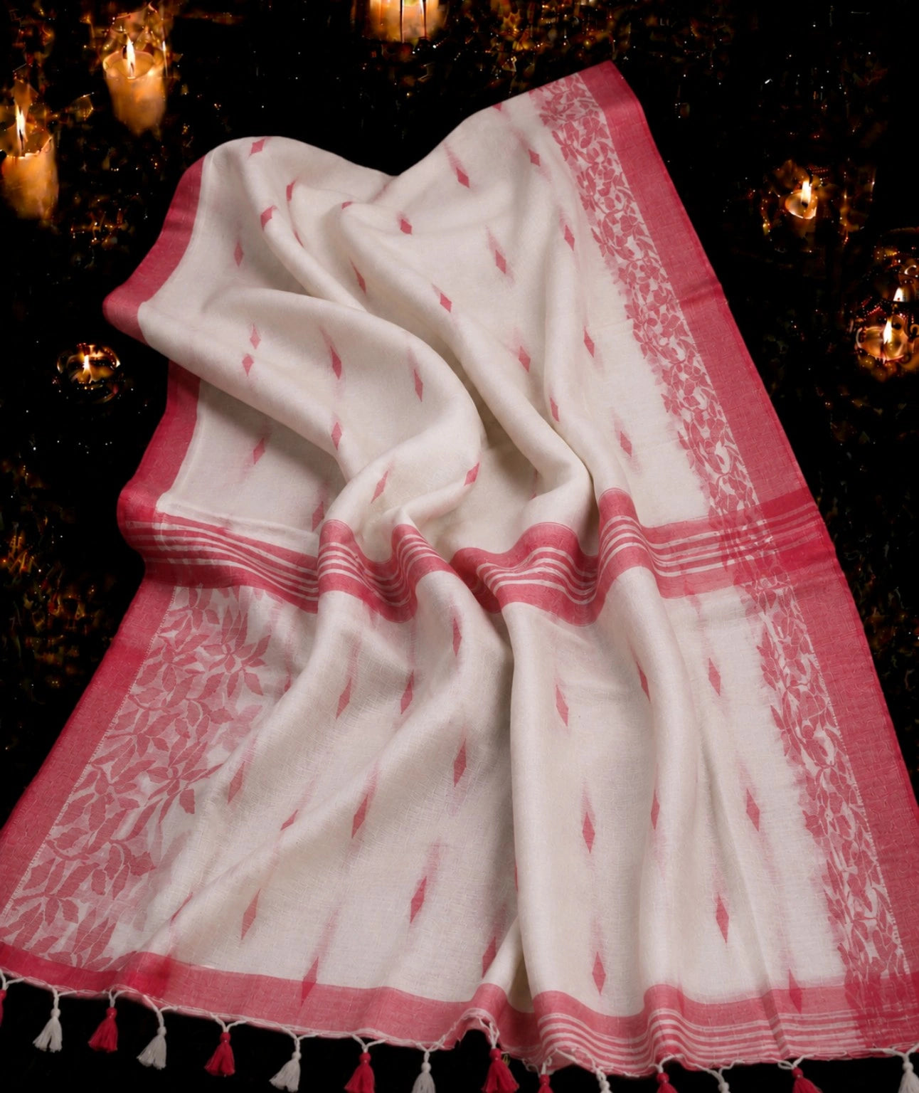 Off White Linen Jamdani Saree with Pink Diamond Buti Weaving and Floral Border