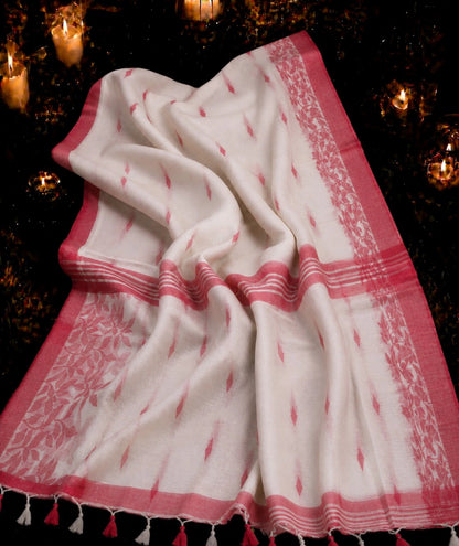 Off White Linen Jamdani Saree with Pink Diamond Buti Weaving and Floral Border