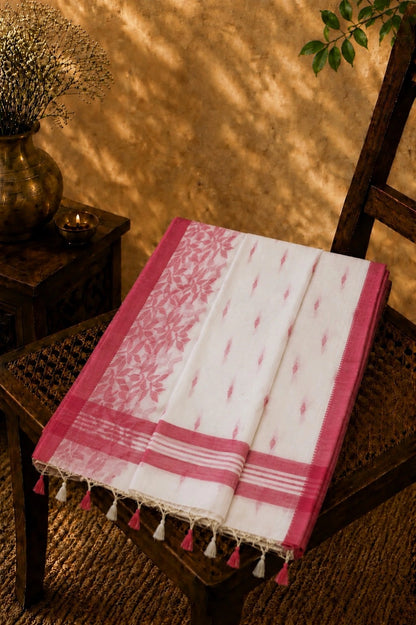 Off White Linen Jamdani Saree with Pink Diamond Buti Weaving and Floral Border