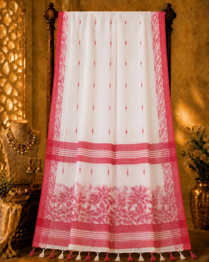 Off White Linen Jamdani Saree with Pink Diamond Buti Weaving and Floral Border