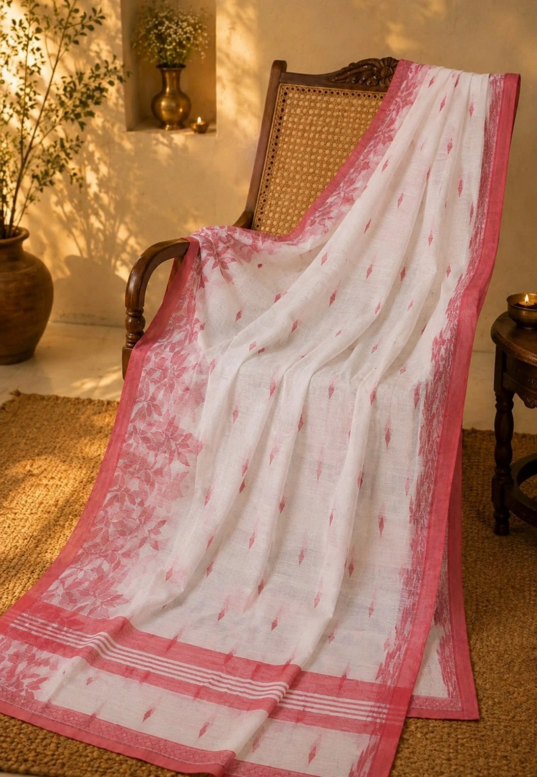 Off White Linen Jamdani Saree with Pink Diamond Buti Weaving and Floral Border