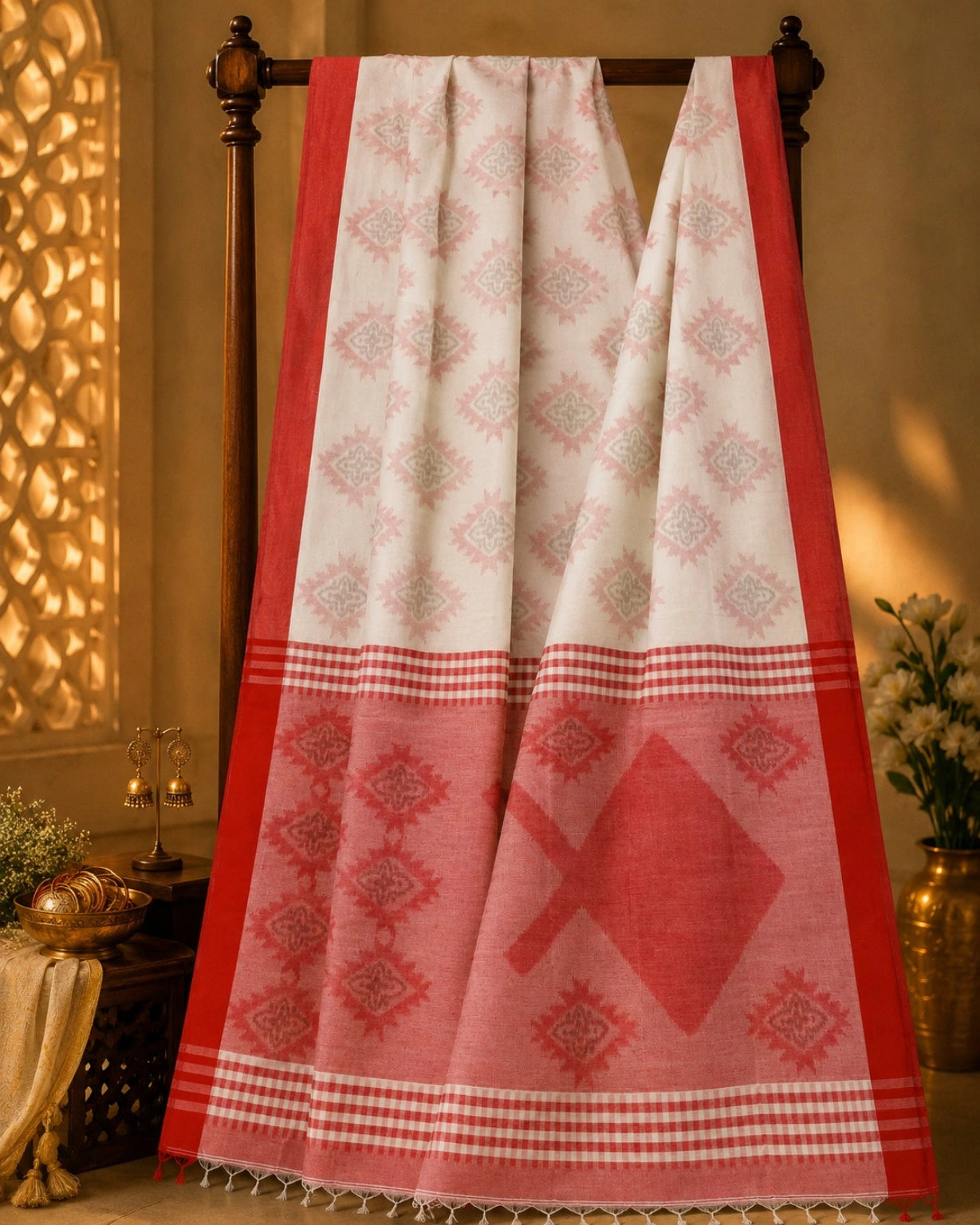 White Cotton Handloom Saree with Red Temple Border and Floral Woven Pallu