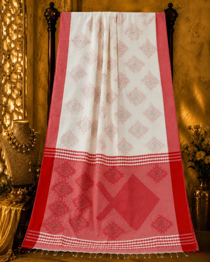 White Cotton Handloom Saree with Red Temple Border and Floral Woven Pallu