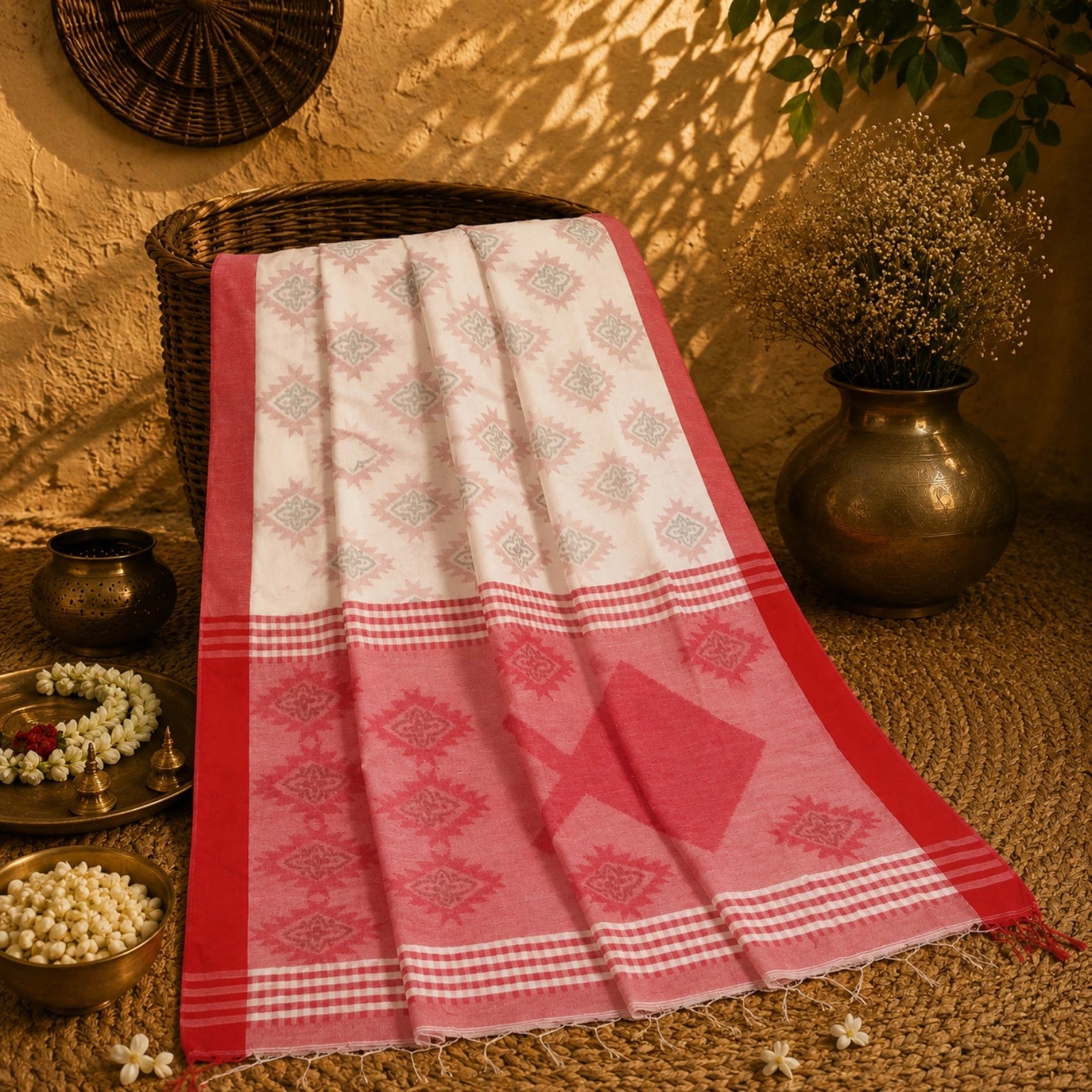 White Cotton Handloom Saree with Red Temple Border and Floral Woven Pallu