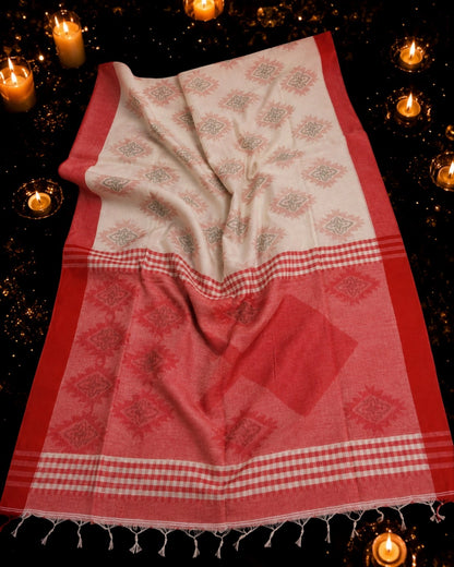 White Cotton Handloom Saree with Red Temple Border and Floral Woven Pallu
