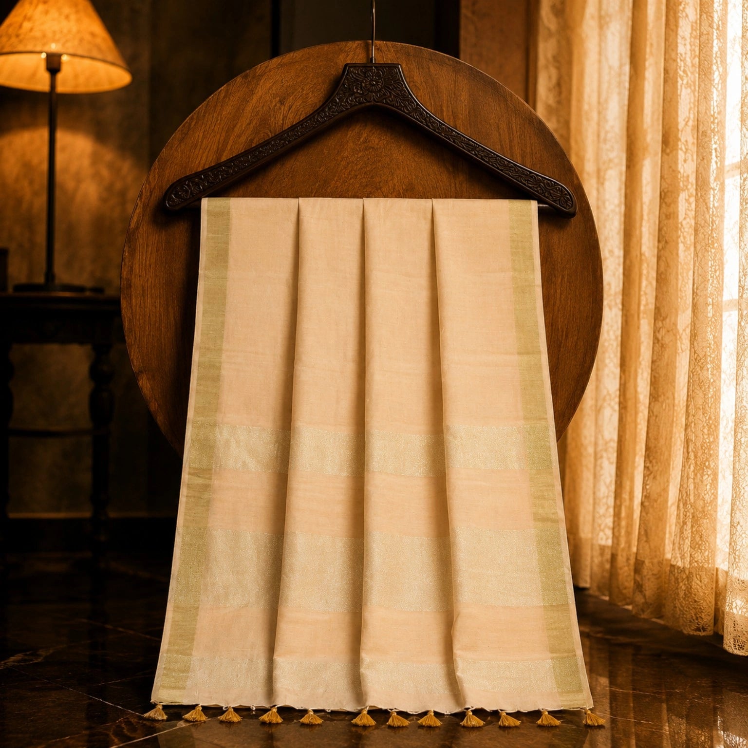 Cream Linen Saree with Subtle Gold Woven Border and Tassel Detailing