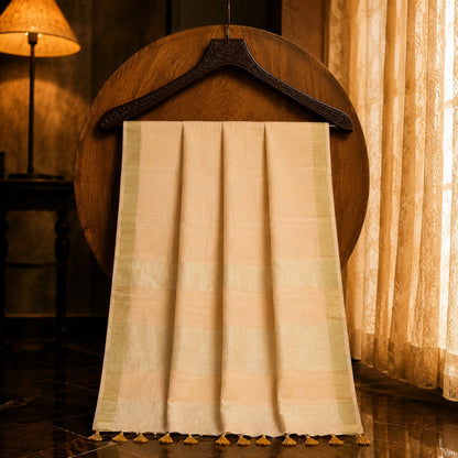 Cream Linen Saree with Subtle Gold Woven Border and Tassel Detailing