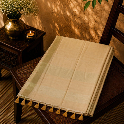 Cream Linen Saree with Subtle Gold Woven Border and Tassel Detailing