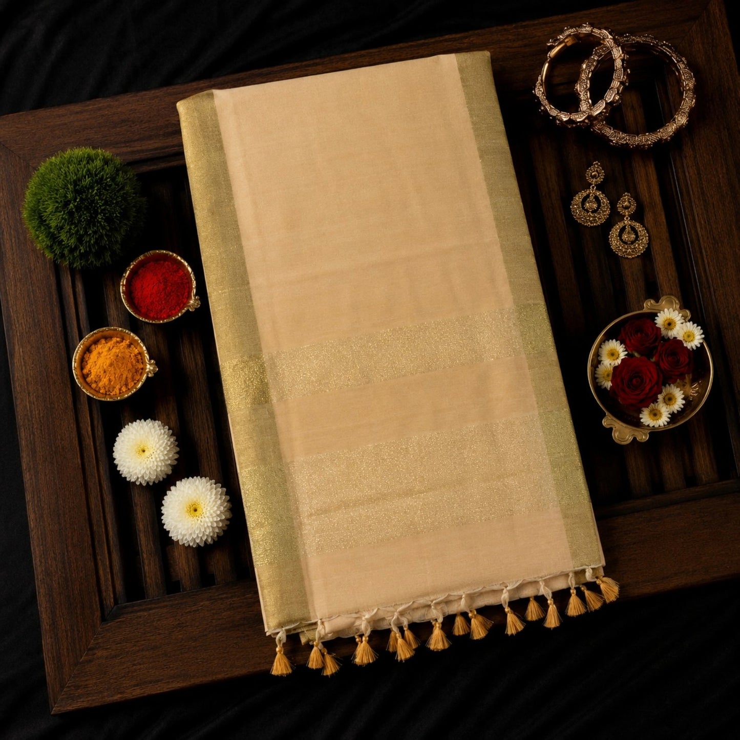 Cream Linen Saree with Subtle Gold Woven Border and Tassel Detailing