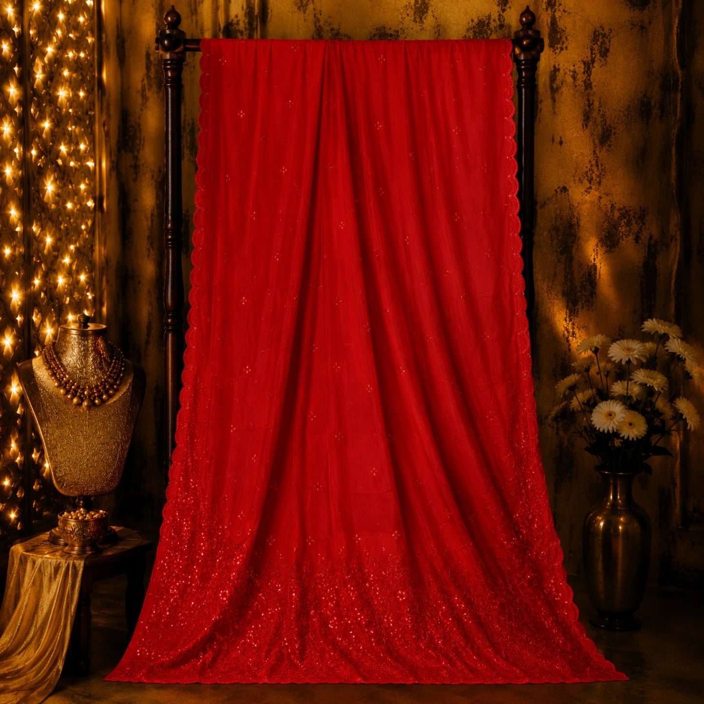 Red Chanderi Sequence Saree with Allover Sequin Detailing and Embellished Border