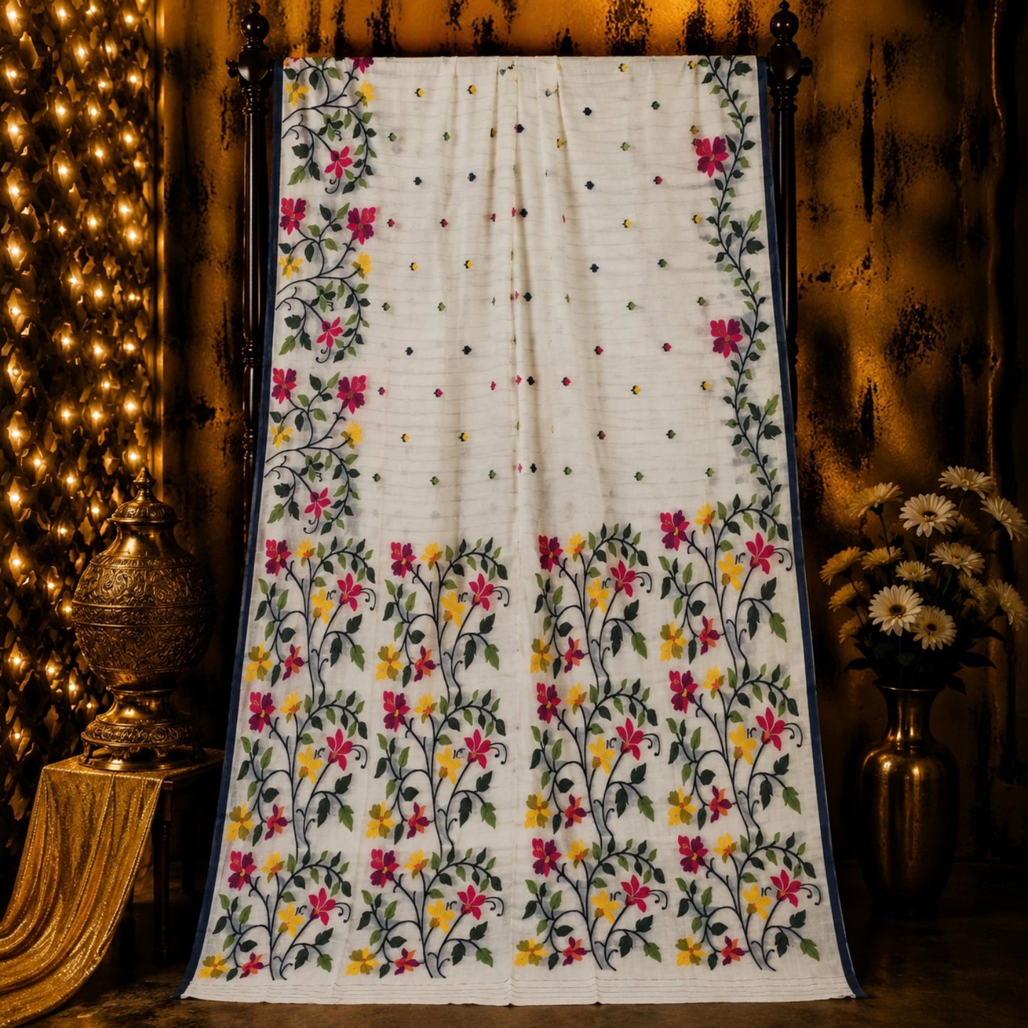Off White Muslin Bonolota Saree with Multicolor Floral Vine Border and Delicate Buti Design