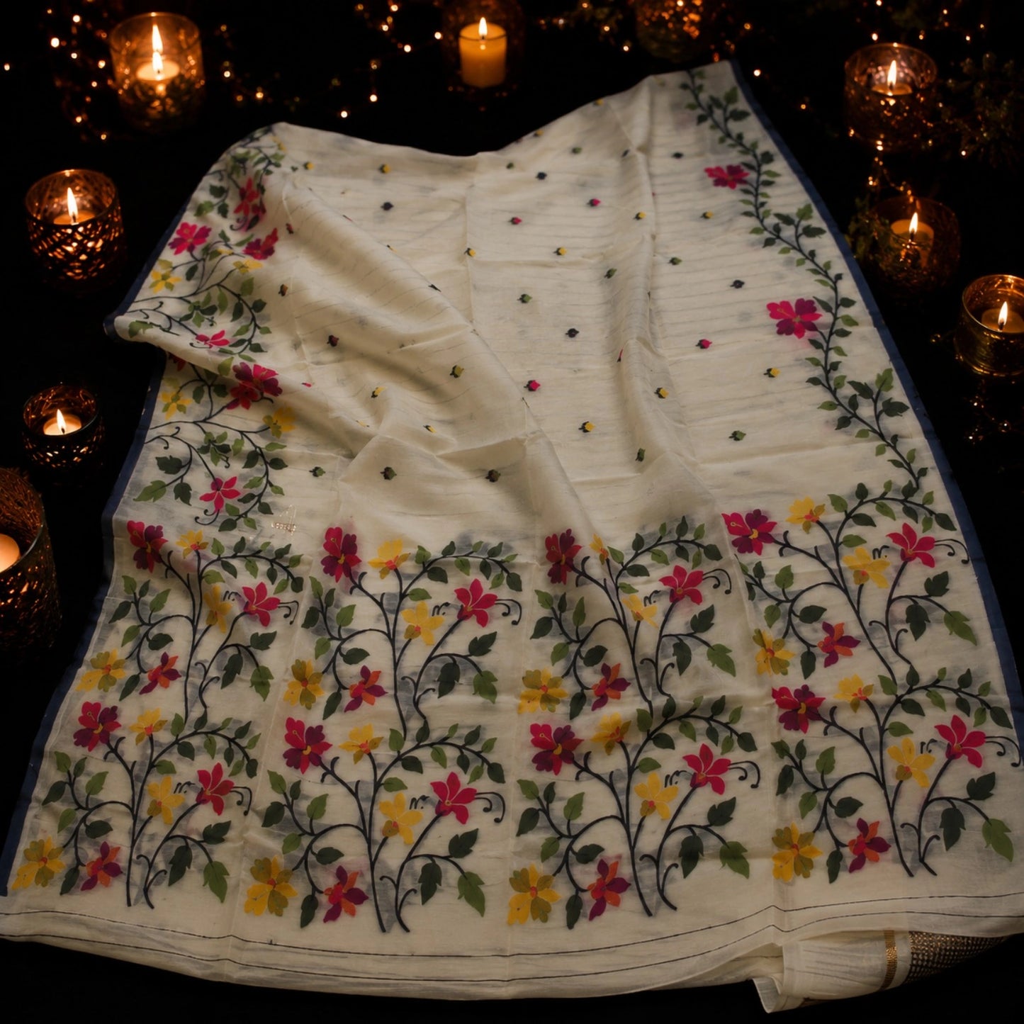 Off White Muslin Bonolota Saree with Multicolor Floral Vine Border and Delicate Buti Design
