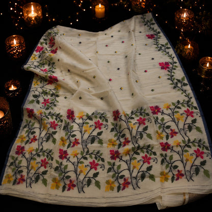 Off White Muslin Bonolota Saree with Multicolor Floral Vine Border and Delicate Buti Design