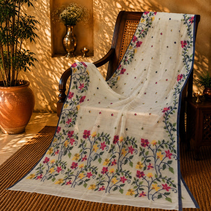 Off White Muslin Bonolota Saree with Multicolor Floral Vine Border and Delicate Buti Design