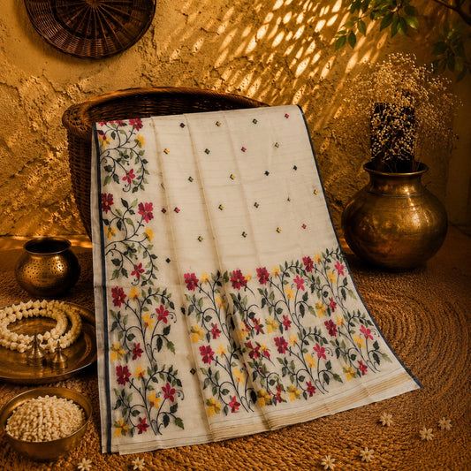 Off White Muslin Bonolota Saree with Multicolor Floral Vine Border and Delicate Buti Design
