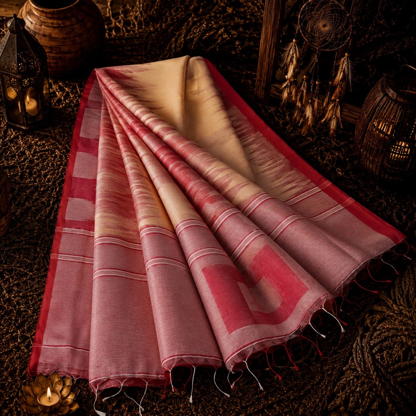 Coral Pink Handloom Ikkat Saree with Off-White Body and Traditional Woven Border