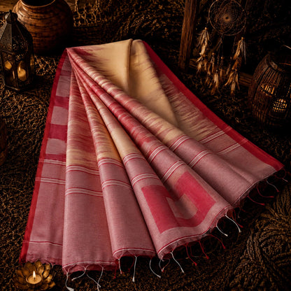 Coral Pink Handloom Ikkat Saree with Off-White Body and Traditional Woven Border