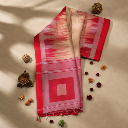 Coral Pink Handloom Ikkat Saree with Off-White Body and Traditional Woven Border