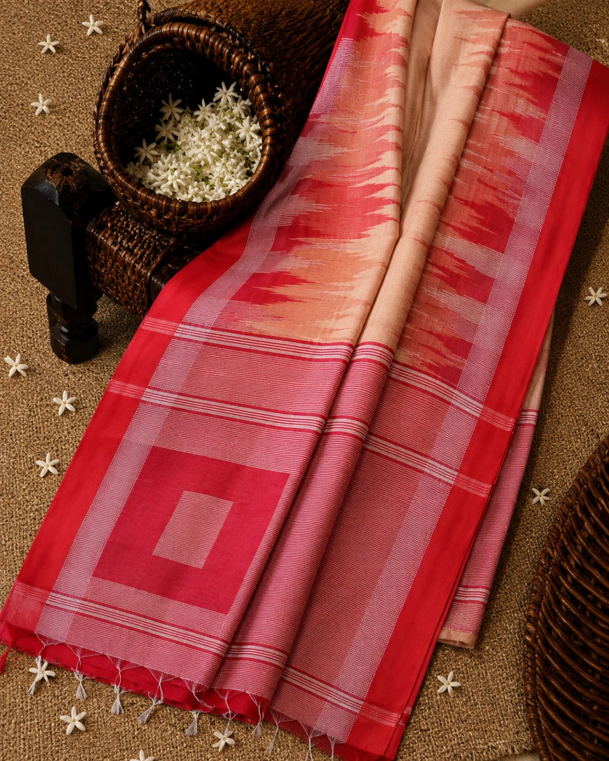Coral Pink Handloom Ikkat Saree with Off-White Body and Traditional Woven Border
