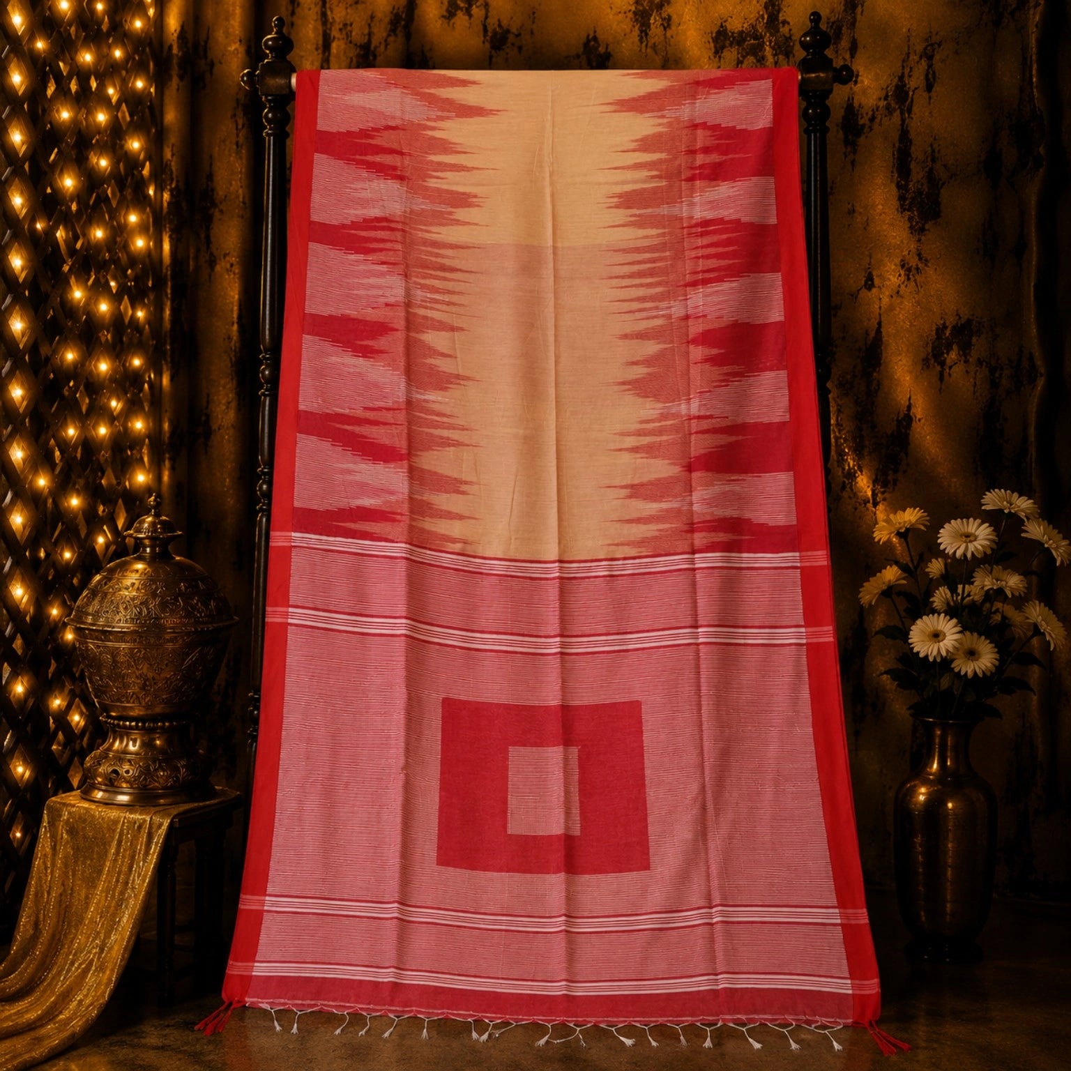 Coral Pink Handloom Ikkat Saree with Off-White Body and Traditional Woven Border