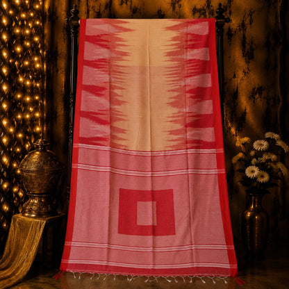 Coral Pink Handloom Ikkat Saree with Off-White Body and Traditional Woven Border
