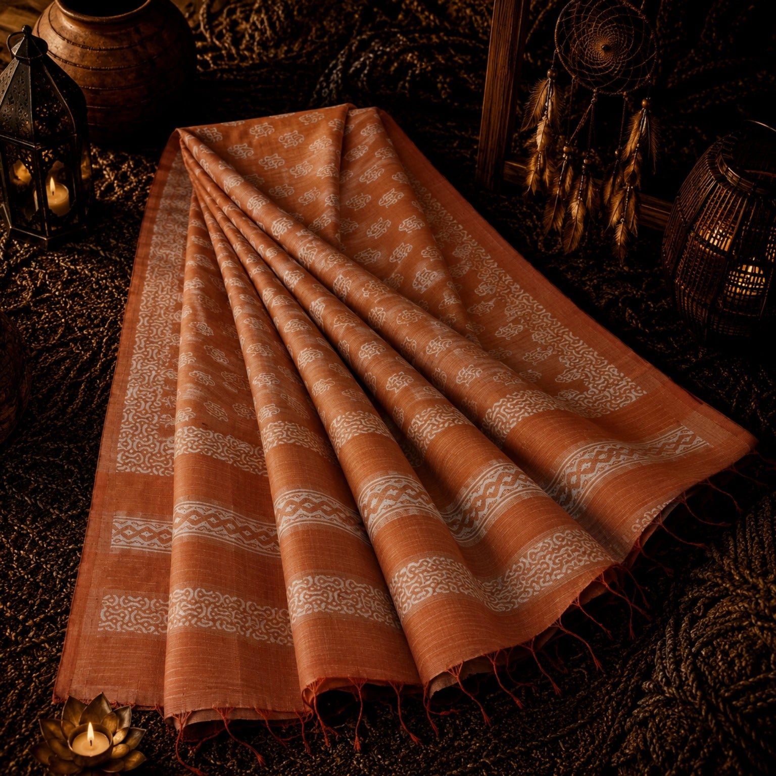 Burnt Orange Tussar Batik Saree with White Handcrafted Motifs and Tassel Pallu