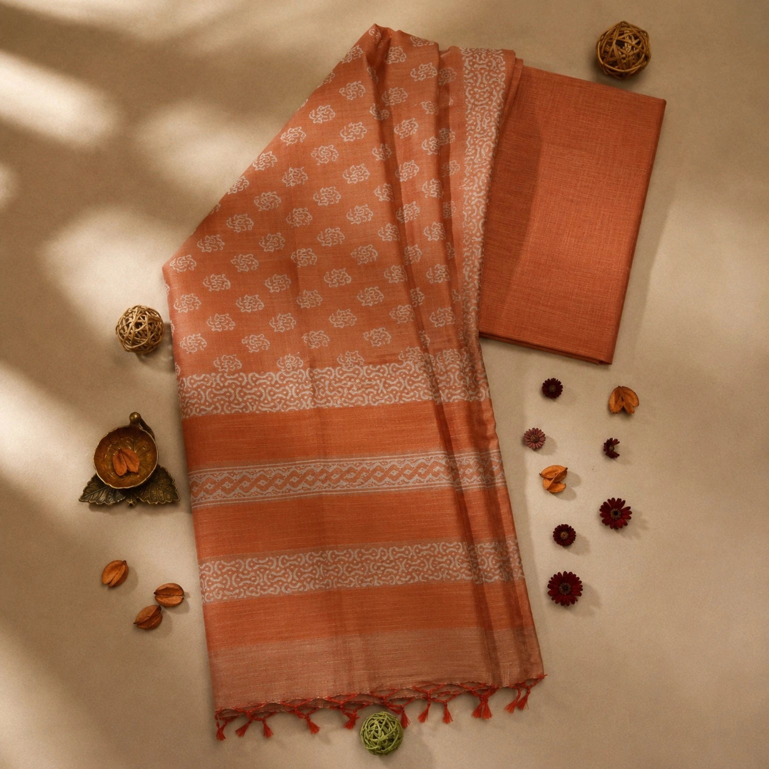 Burnt Orange Tussar Batik Saree with White Handcrafted Motifs and Tassel Pallu