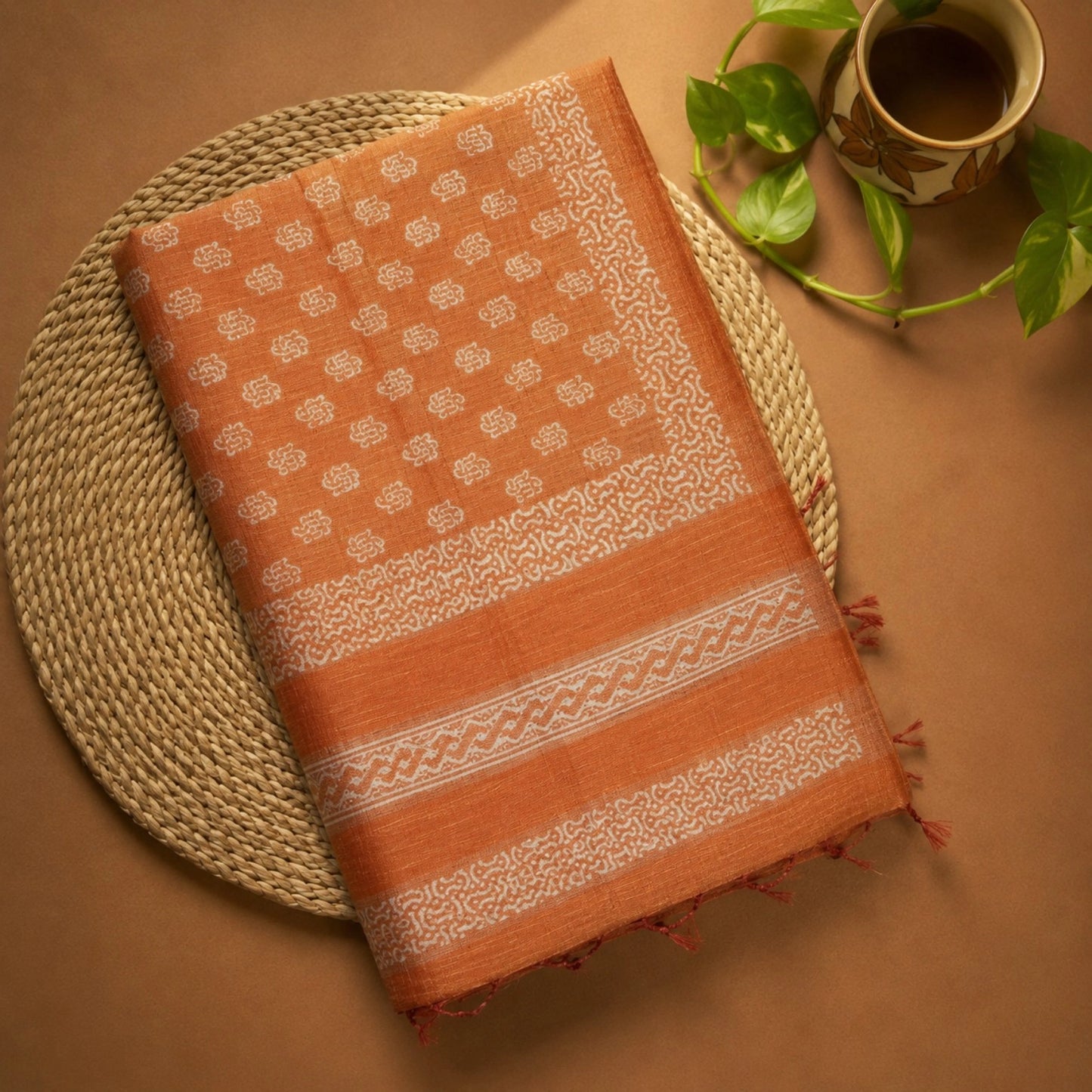 Burnt Orange Tussar Batik Saree with White Handcrafted Motifs and Tassel Pallu