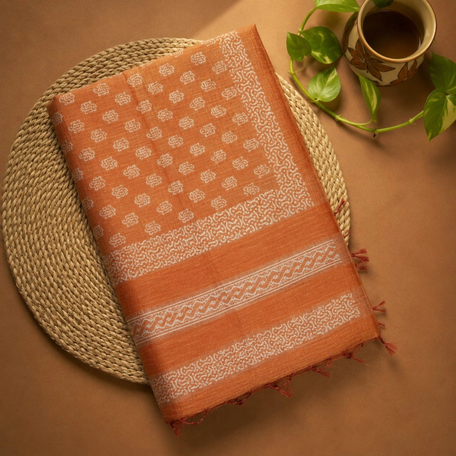Burnt Orange Tussar Batik Saree with White Handcrafted Motifs and Tassel Pallu