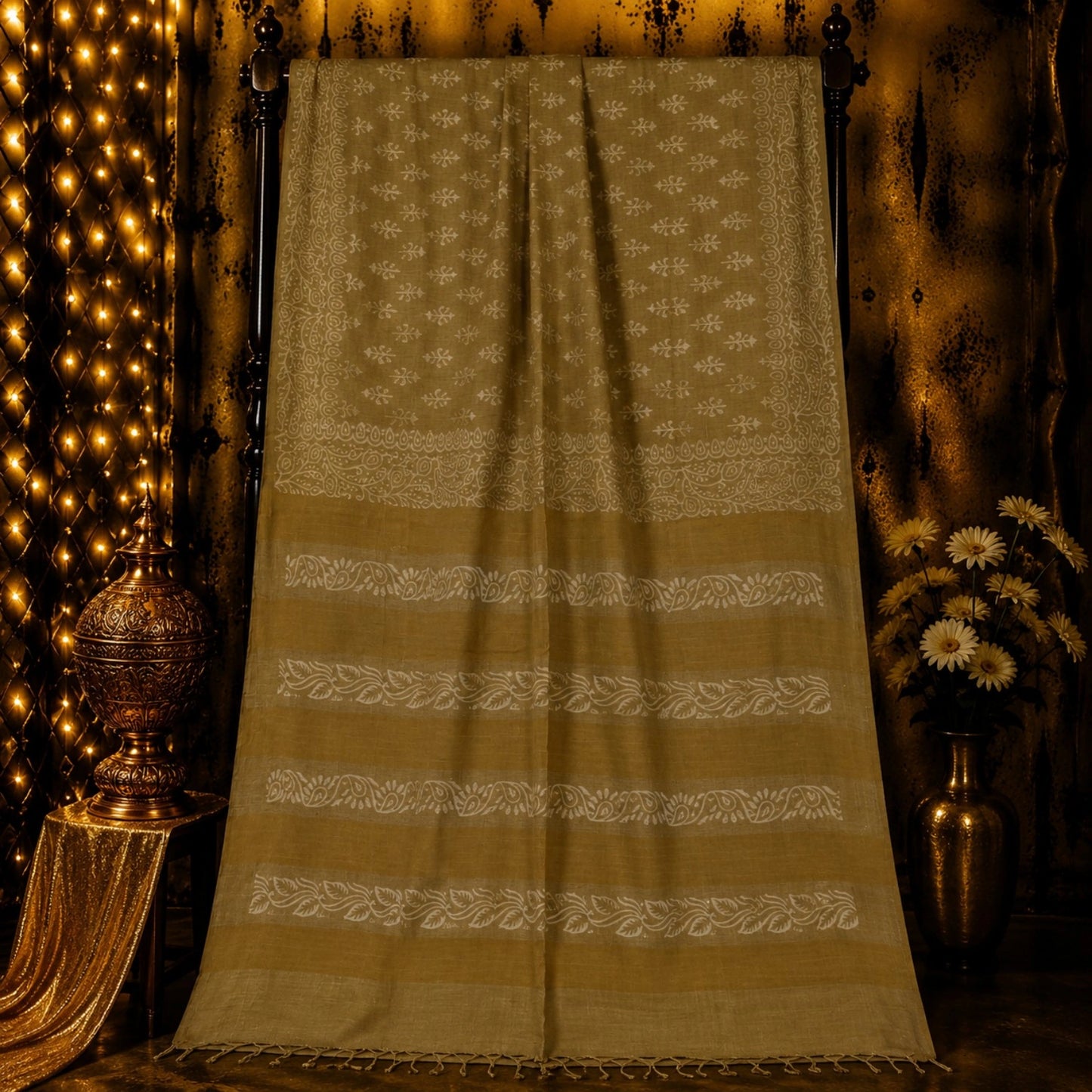 Olive Beige Tussar Batik Saree with White Handcrafted Floral and Vine Motifs