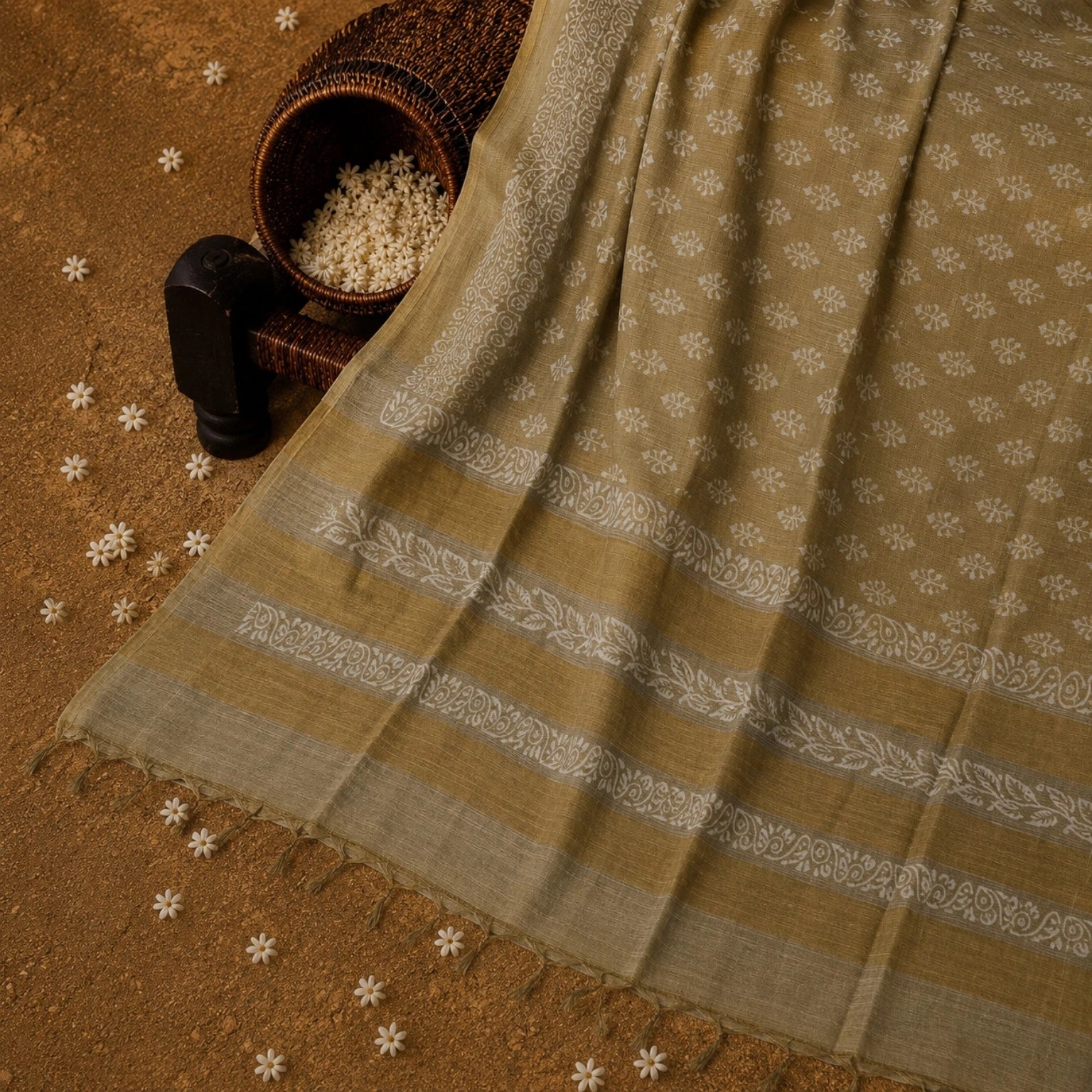 Olive Beige Tussar Batik Saree with White Handcrafted Floral and Vine Motifs