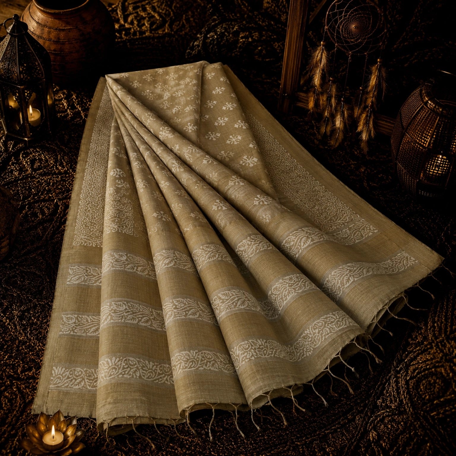 Olive Beige Tussar Batik Saree with White Handcrafted Floral and Vine Motifs