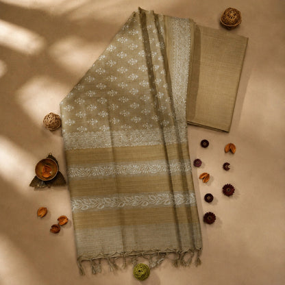 Olive Beige Tussar Batik Saree with White Handcrafted Floral and Vine Motifs