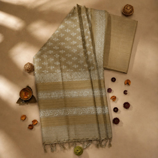 Olive Beige Tussar Batik Saree with White Handcrafted Floral and Vine Motifs