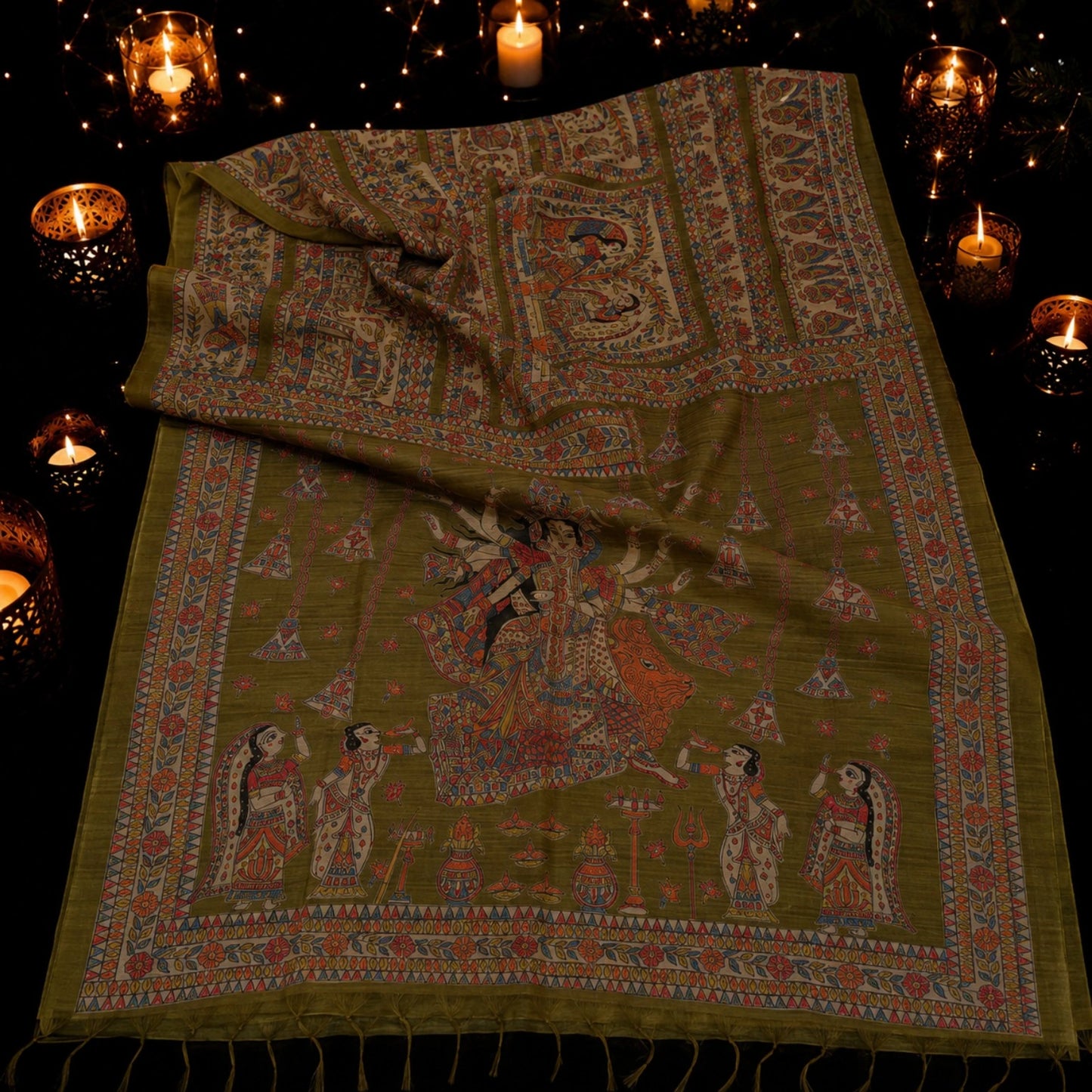 Olive Green Ghicha Tussar Saree with Madhubani Durga Artwork and Traditional Folk Border