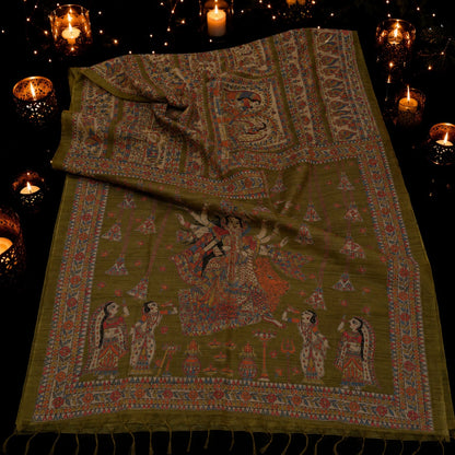 Olive Green Ghicha Tussar Saree with Madhubani Durga Artwork and Traditional Folk Border