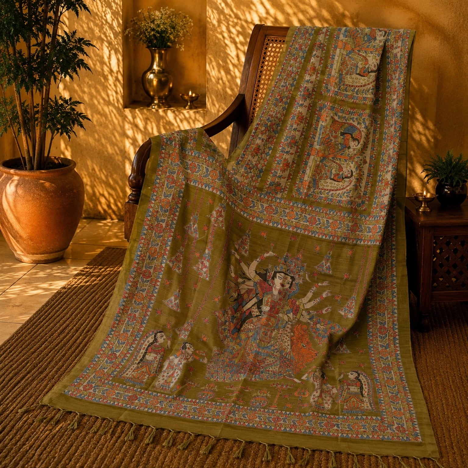 Olive Green Ghicha Tussar Saree with Madhubani Durga Artwork and Traditional Folk Border