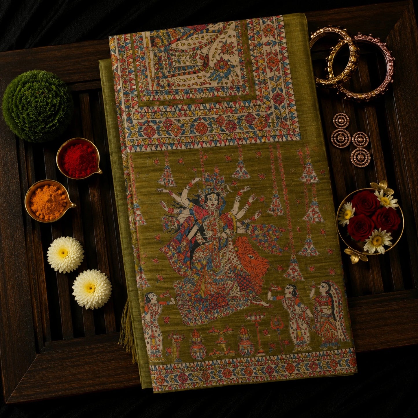 Olive Green Ghicha Tussar Saree with Madhubani Durga Artwork and Traditional Folk Border
